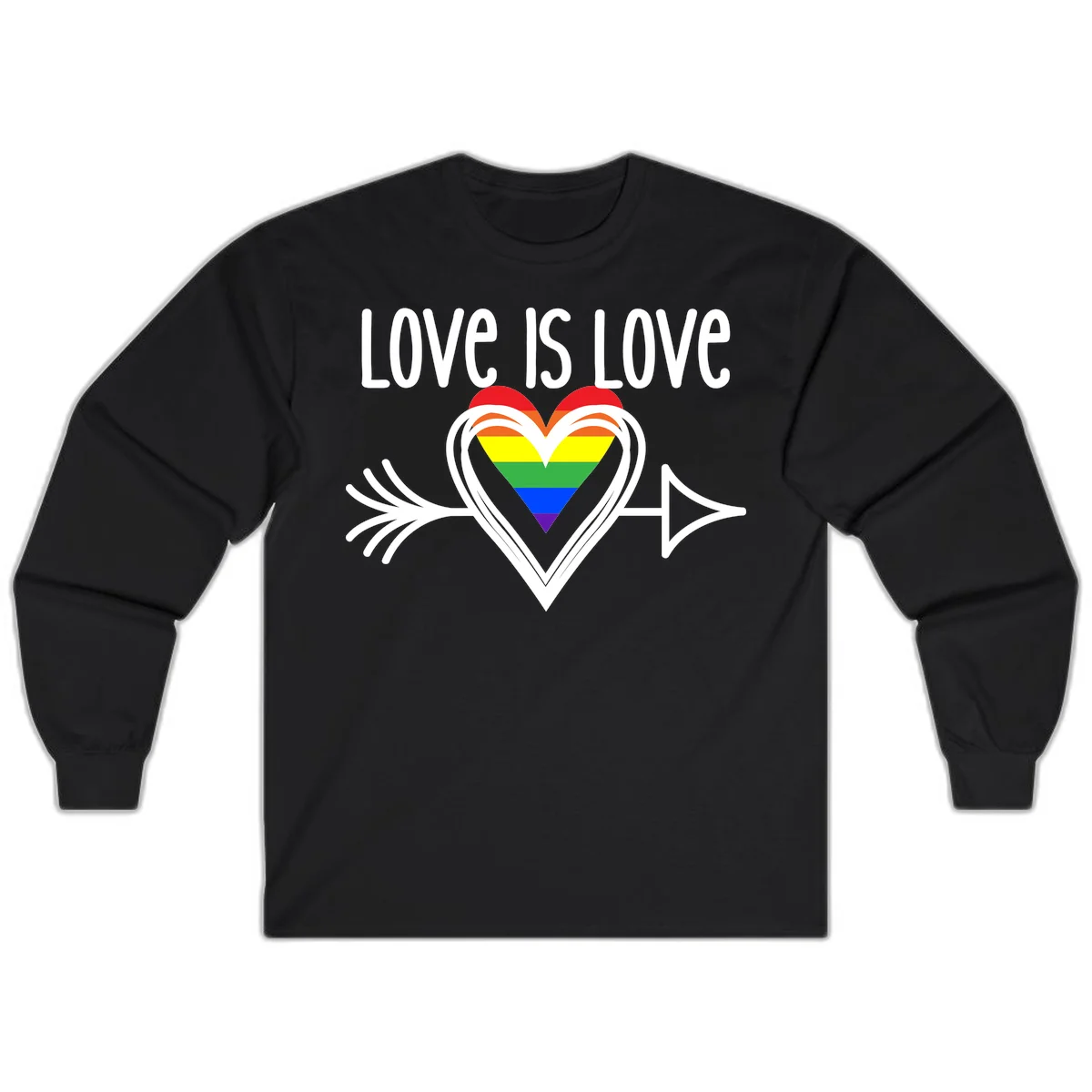 Love is love pride design featuring a white heart outline with rainbow-colored heart inside and decorative wing flourishes on gray background in Black