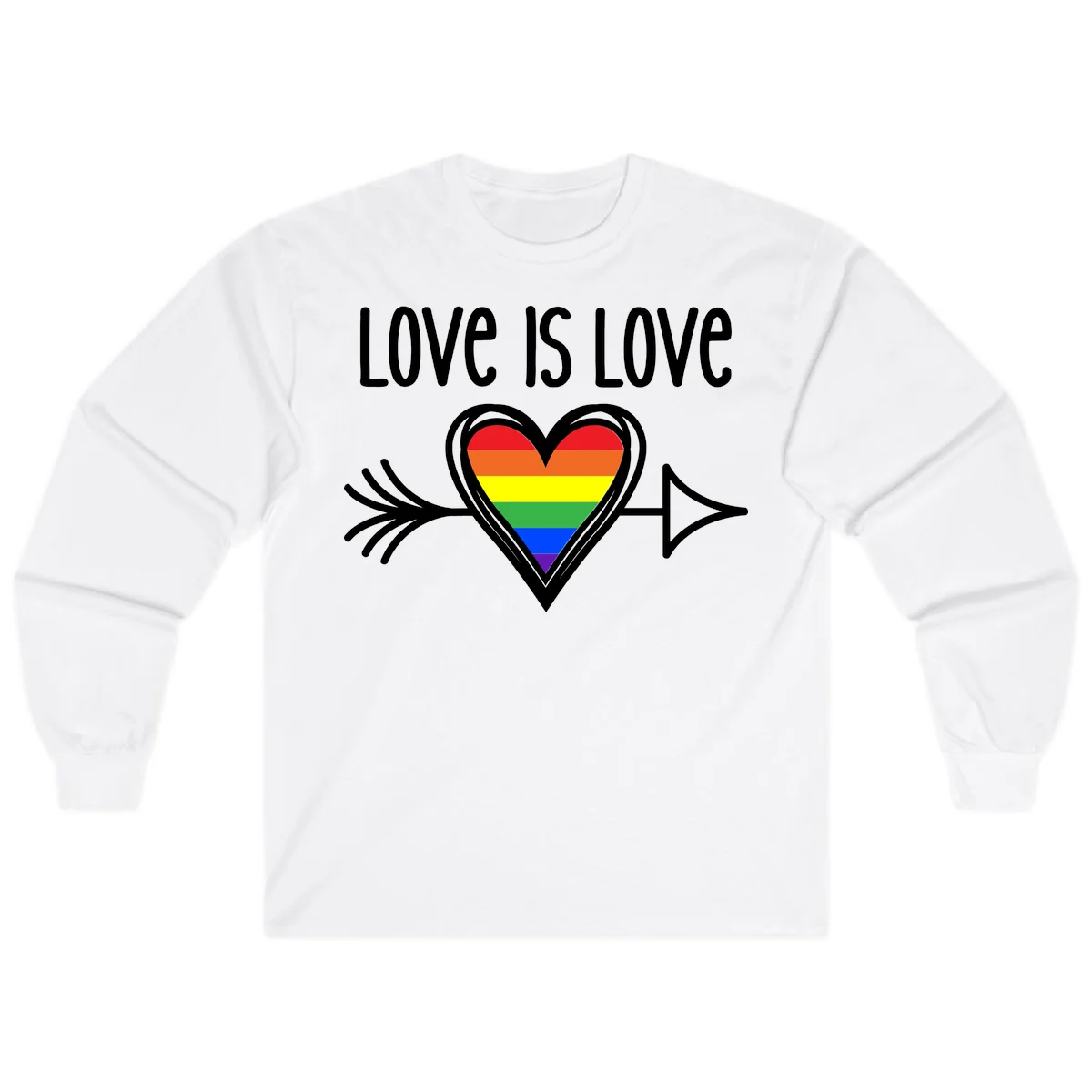 Love is love pride design featuring a white heart outline with rainbow-colored heart inside and decorative wing flourishes on gray background in White