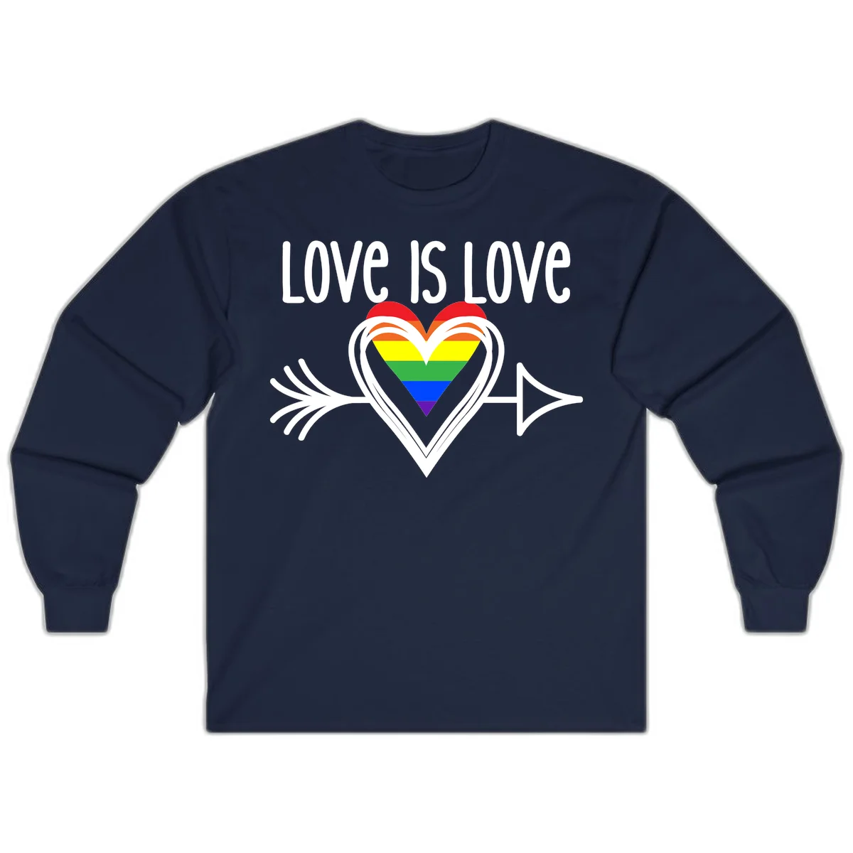 Love is love pride design featuring a white heart outline with rainbow-colored heart inside and decorative wing flourishes on gray background in Navy