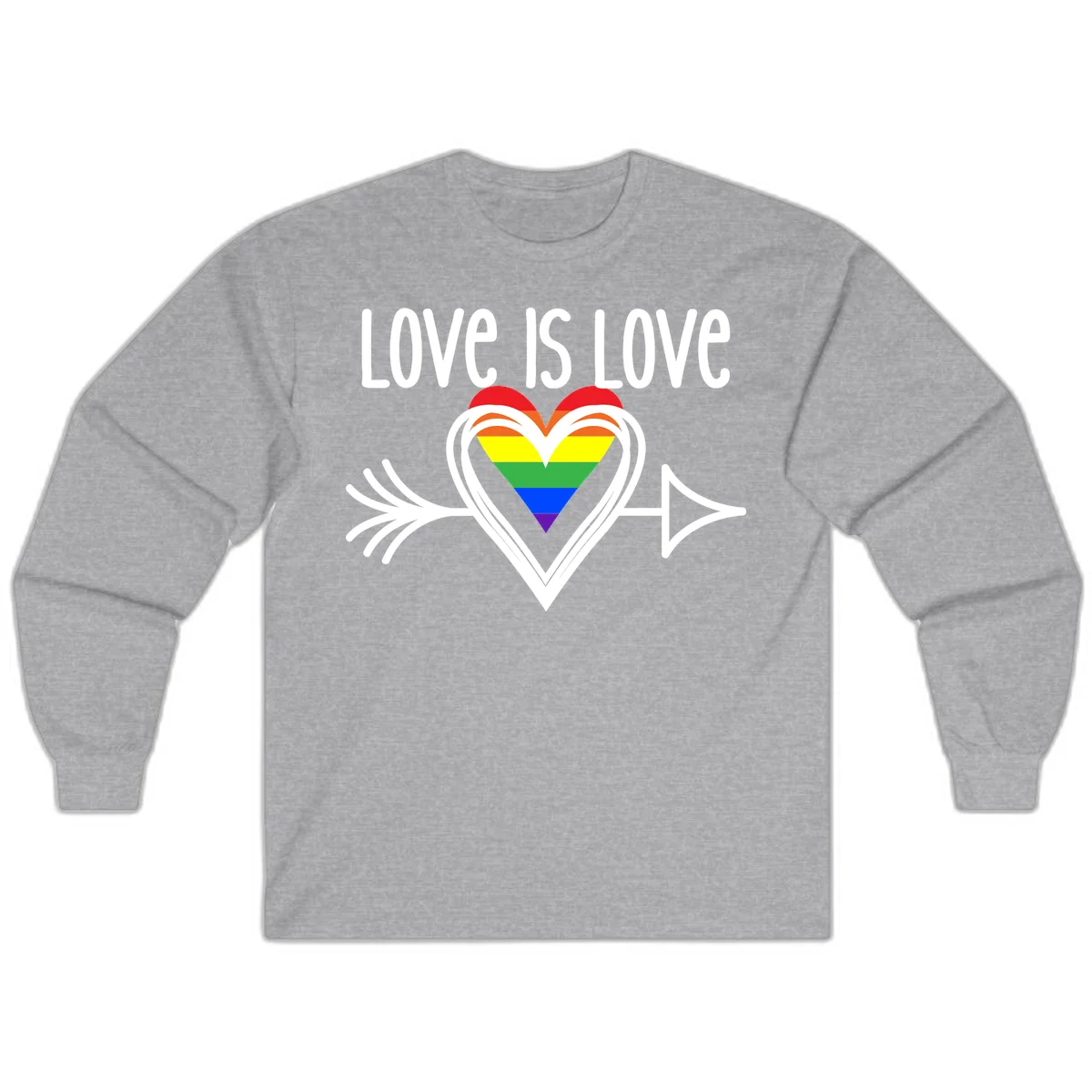 Love is love pride design featuring a white heart outline with rainbow-colored heart inside and decorative wing flourishes on gray background in Sport Grey