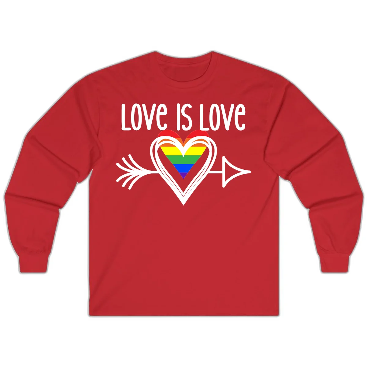 Love is love pride design featuring a white heart outline with rainbow-colored heart inside and decorative wing flourishes on gray background in Red