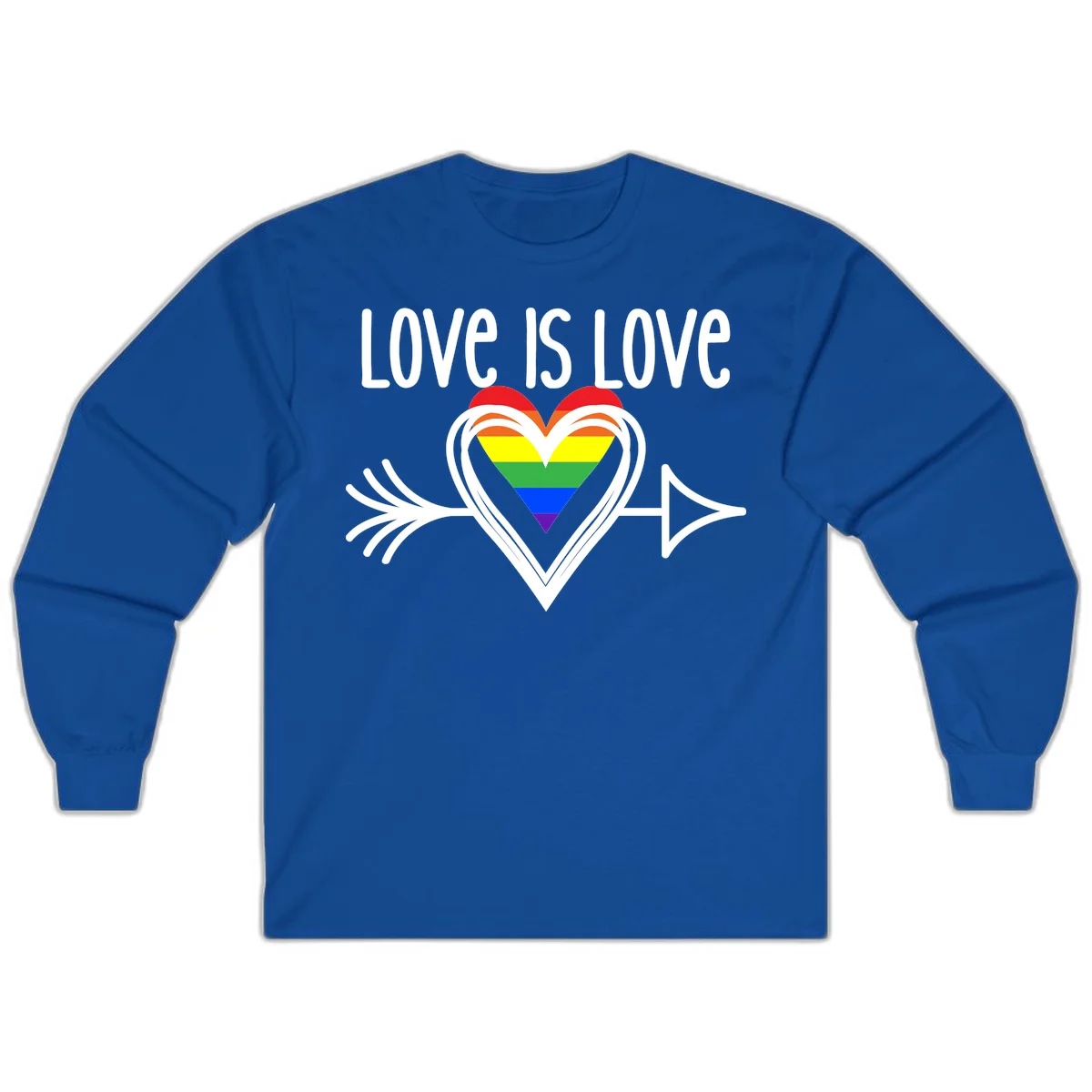 Love is love pride design featuring a white heart outline with rainbow-colored heart inside and decorative wing flourishes on gray background in Royal