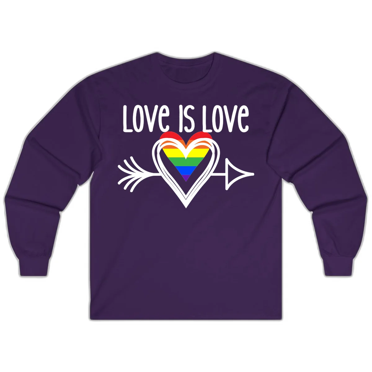 Love is love pride design featuring a white heart outline with rainbow-colored heart inside and decorative wing flourishes on gray background in Purple
