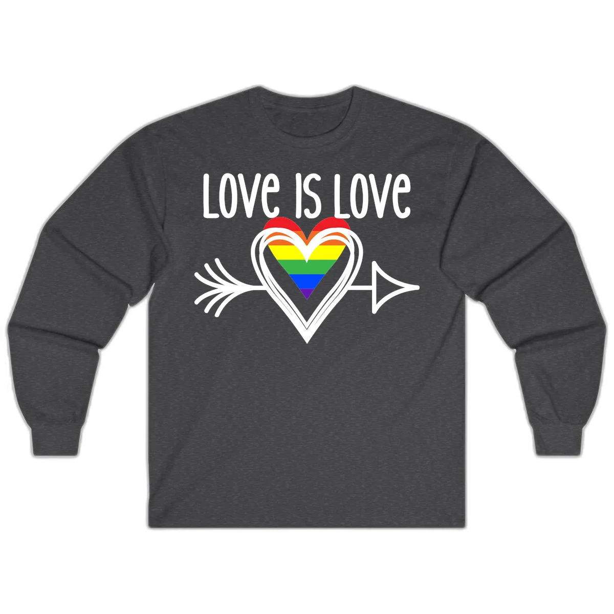 Love is love pride design featuring a white heart outline with rainbow-colored heart inside and decorative wing flourishes on gray background in Dark Heather