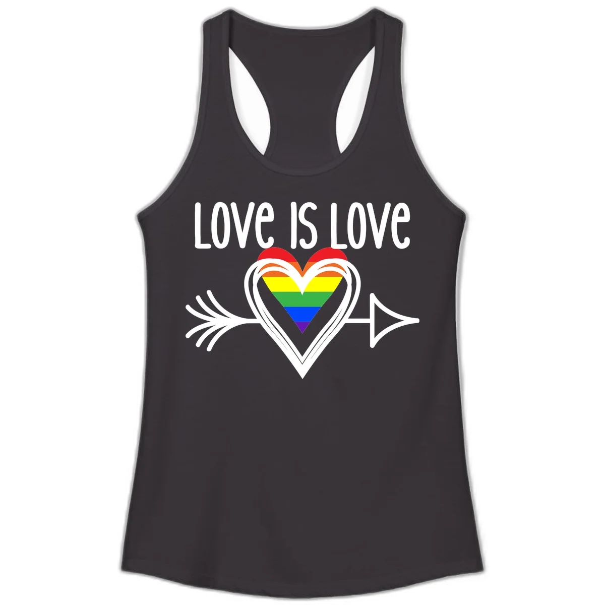 Love is love pride design featuring a white heart outline with rainbow-colored heart inside and decorative wing flourishes on gray background in Black
