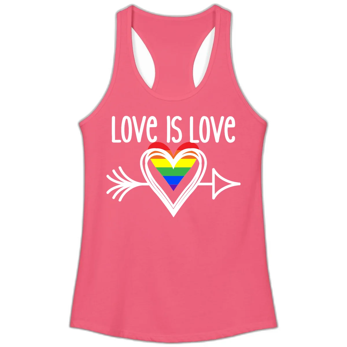 Love is love pride design featuring a white heart outline with rainbow-colored heart inside and decorative wing flourishes on gray background in Hot Pink