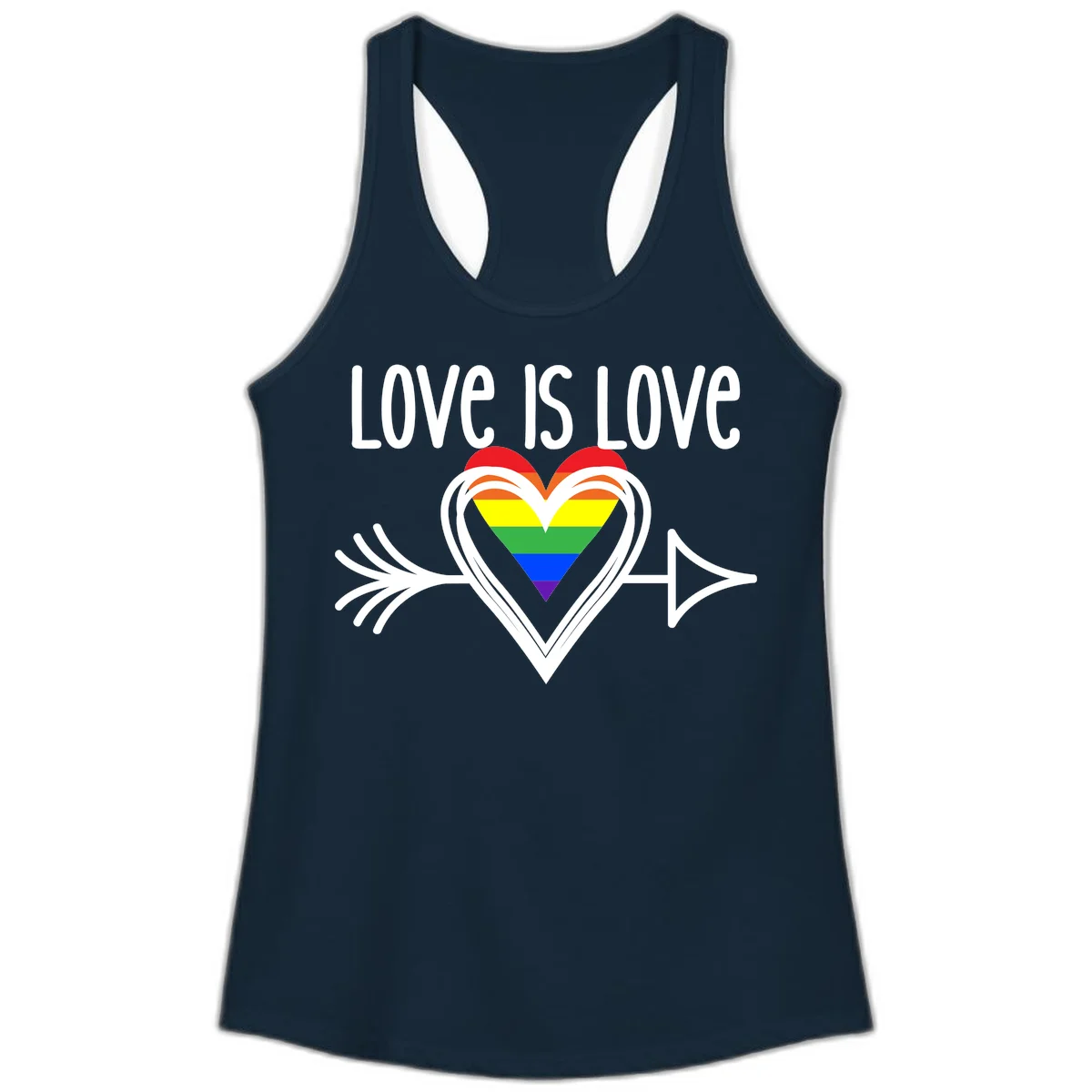 Love is love pride design featuring a white heart outline with rainbow-colored heart inside and decorative wing flourishes on gray background in Solid Midnight Navy