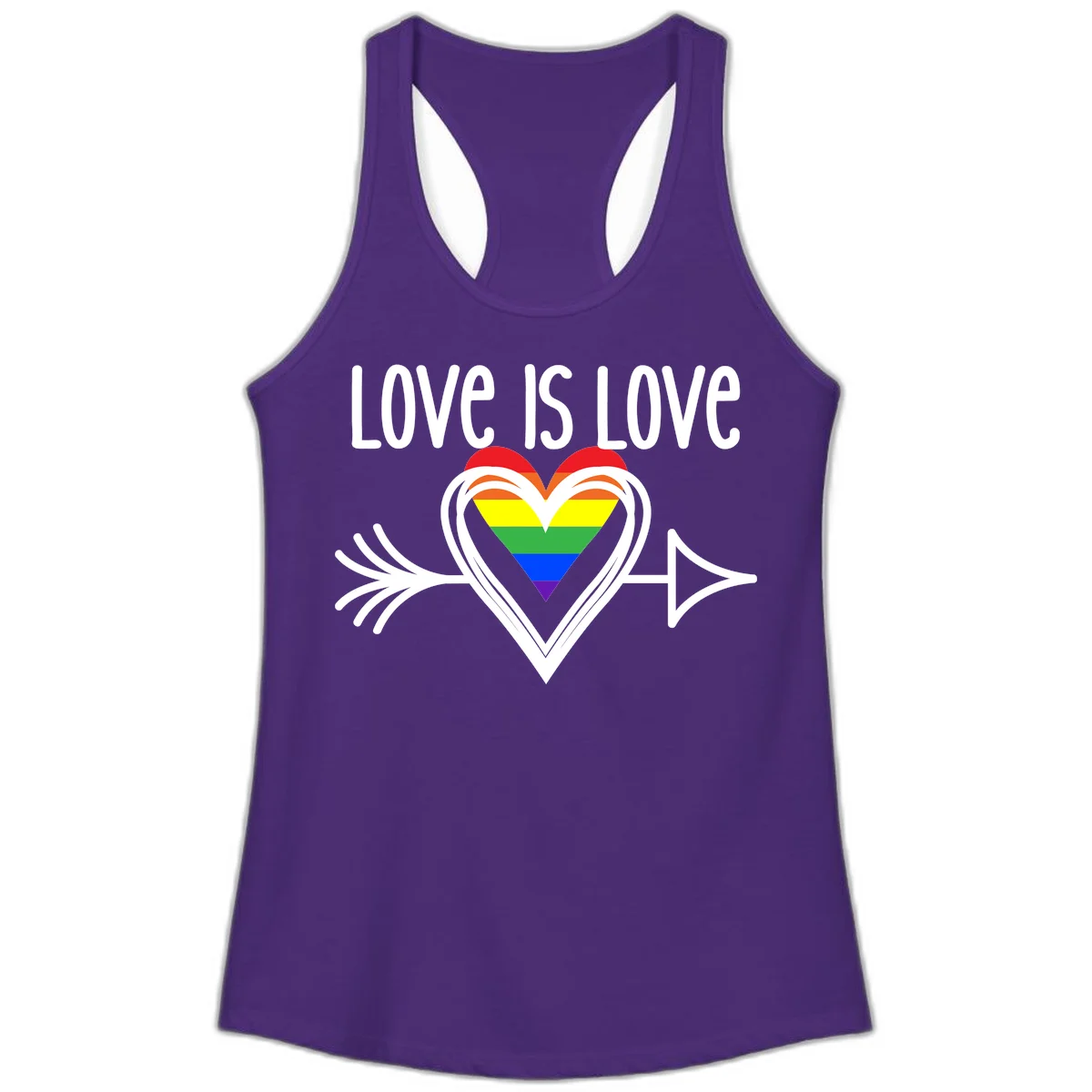 Love is love pride design featuring a white heart outline with rainbow-colored heart inside and decorative wing flourishes on gray background in Solid Purple Rush