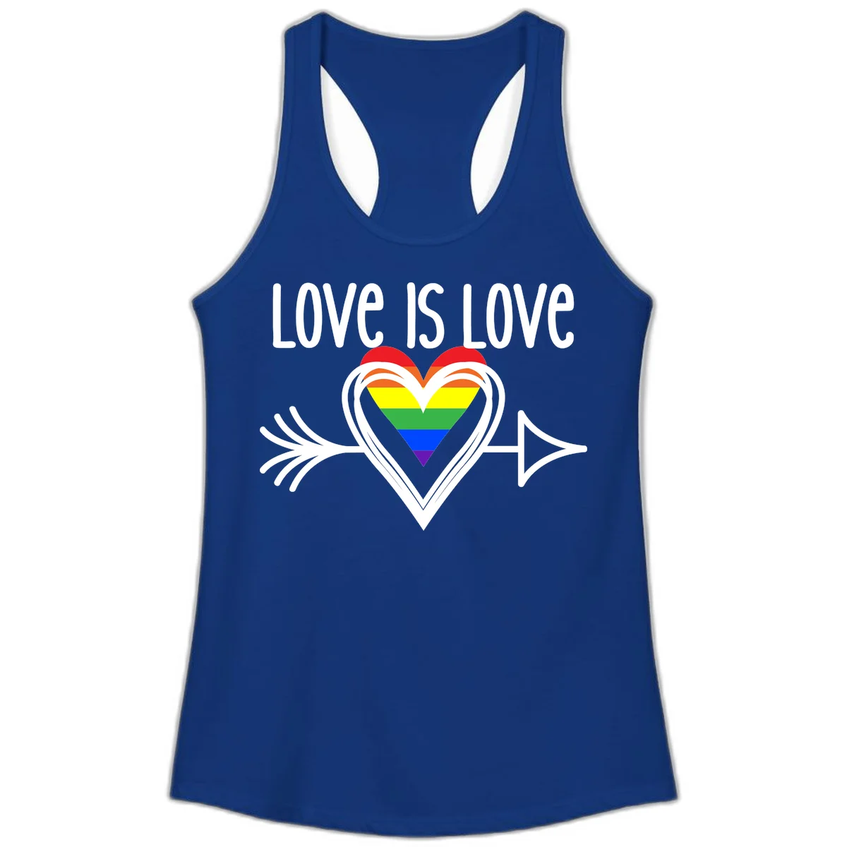 Love is love pride design featuring a white heart outline with rainbow-colored heart inside and decorative wing flourishes on gray background in Solid Royal