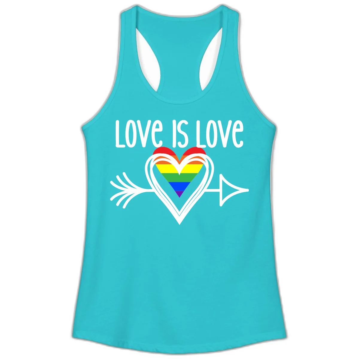 Love is love pride design featuring a white heart outline with rainbow-colored heart inside and decorative wing flourishes on gray background in Solid Tahiti Blue