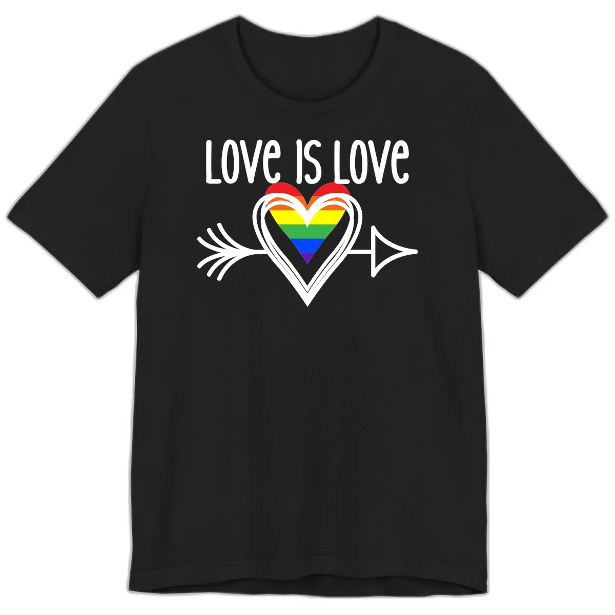 Love is love pride design featuring a white heart outline with rainbow-colored heart inside and decorative wing flourishes on gray background in Black