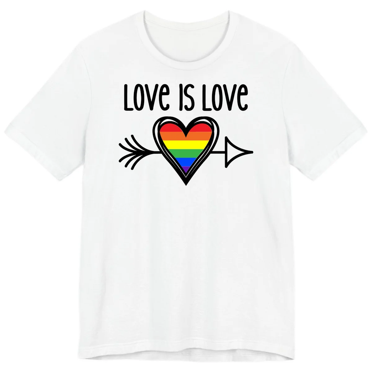 Love is love pride design featuring a white heart outline with rainbow-colored heart inside and decorative wing flourishes on gray background in White