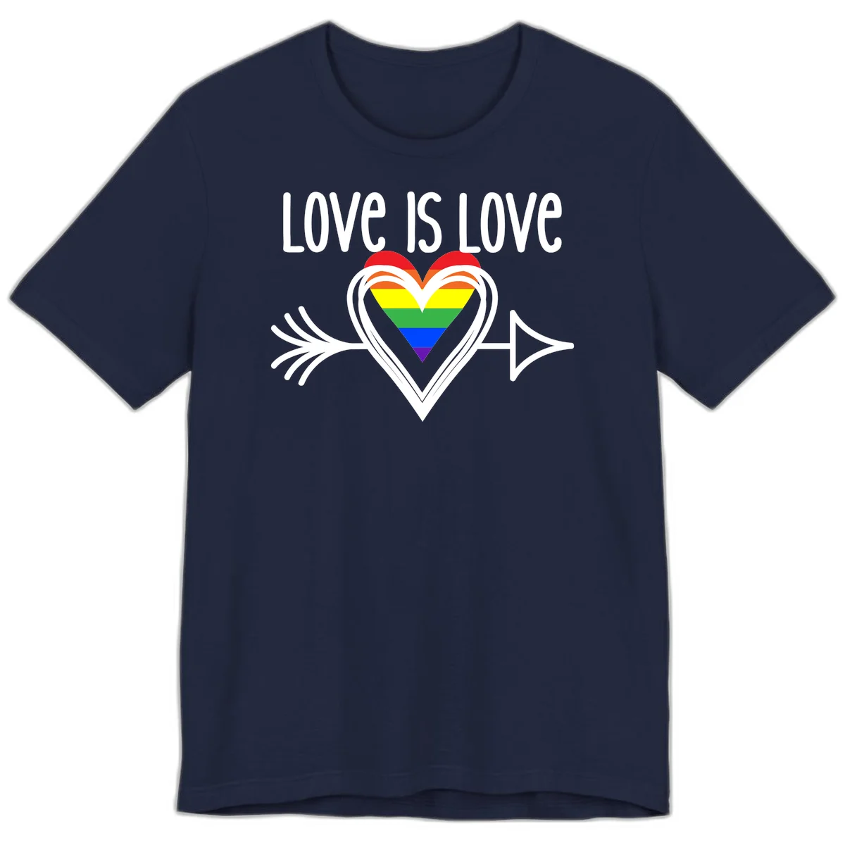 Love is love pride design featuring a white heart outline with rainbow-colored heart inside and decorative wing flourishes on gray background in Navy