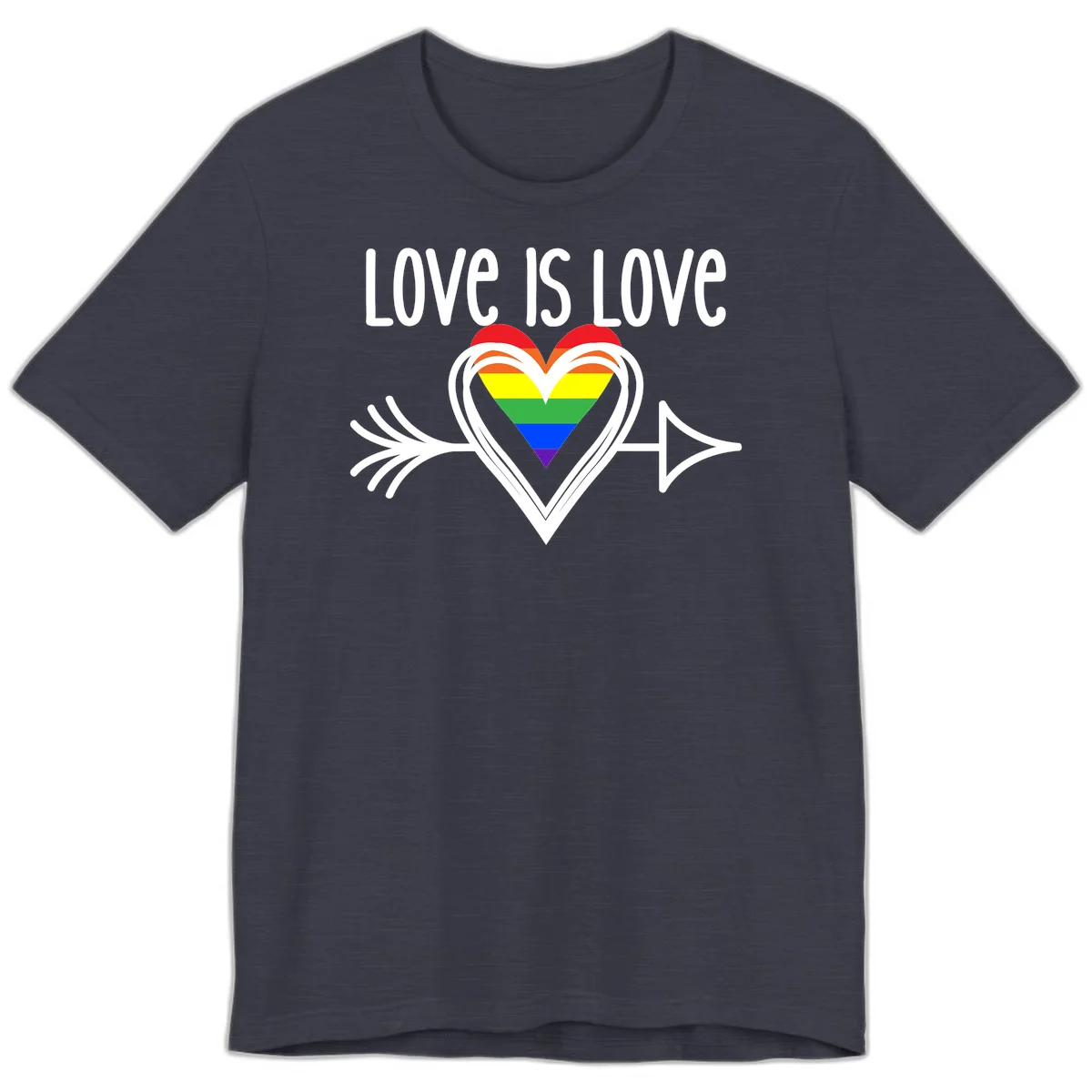 Love is love pride design featuring a white heart outline with rainbow-colored heart inside and decorative wing flourishes on gray background in Heather Midnight Navy