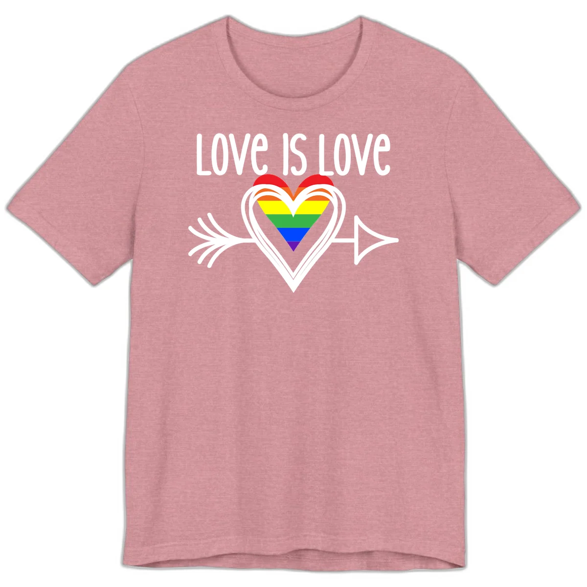 Love is love pride design featuring a white heart outline with rainbow-colored heart inside and decorative wing flourishes on gray background in Heather Orchid
