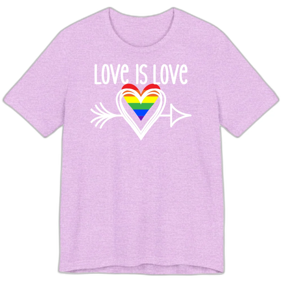 Love is love pride design featuring a white heart outline with rainbow-colored heart inside and decorative wing flourishes on gray background in Heather Prism Lilac
