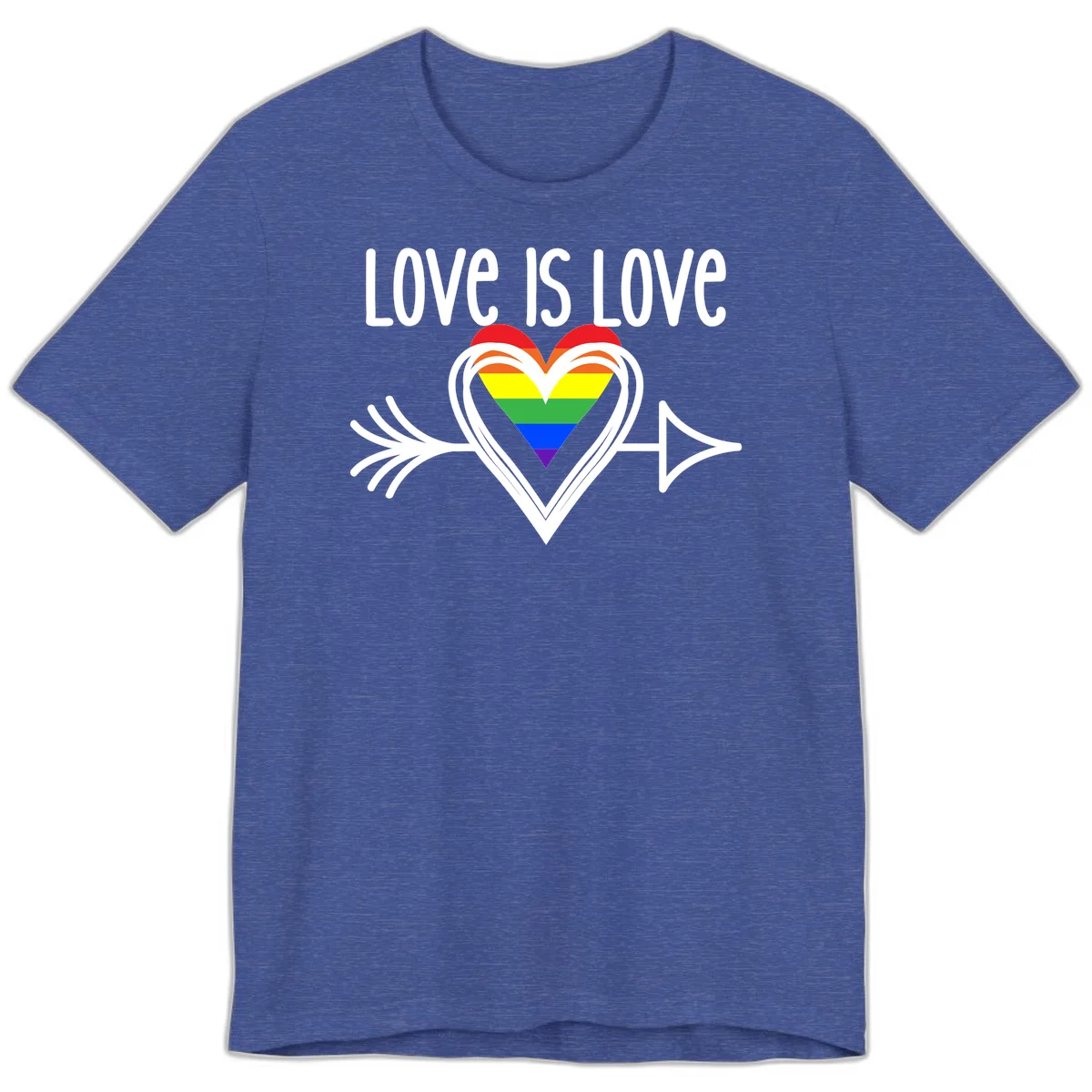 Love is love pride design featuring a white heart outline with rainbow-colored heart inside and decorative wing flourishes on gray background in Heather True Royal