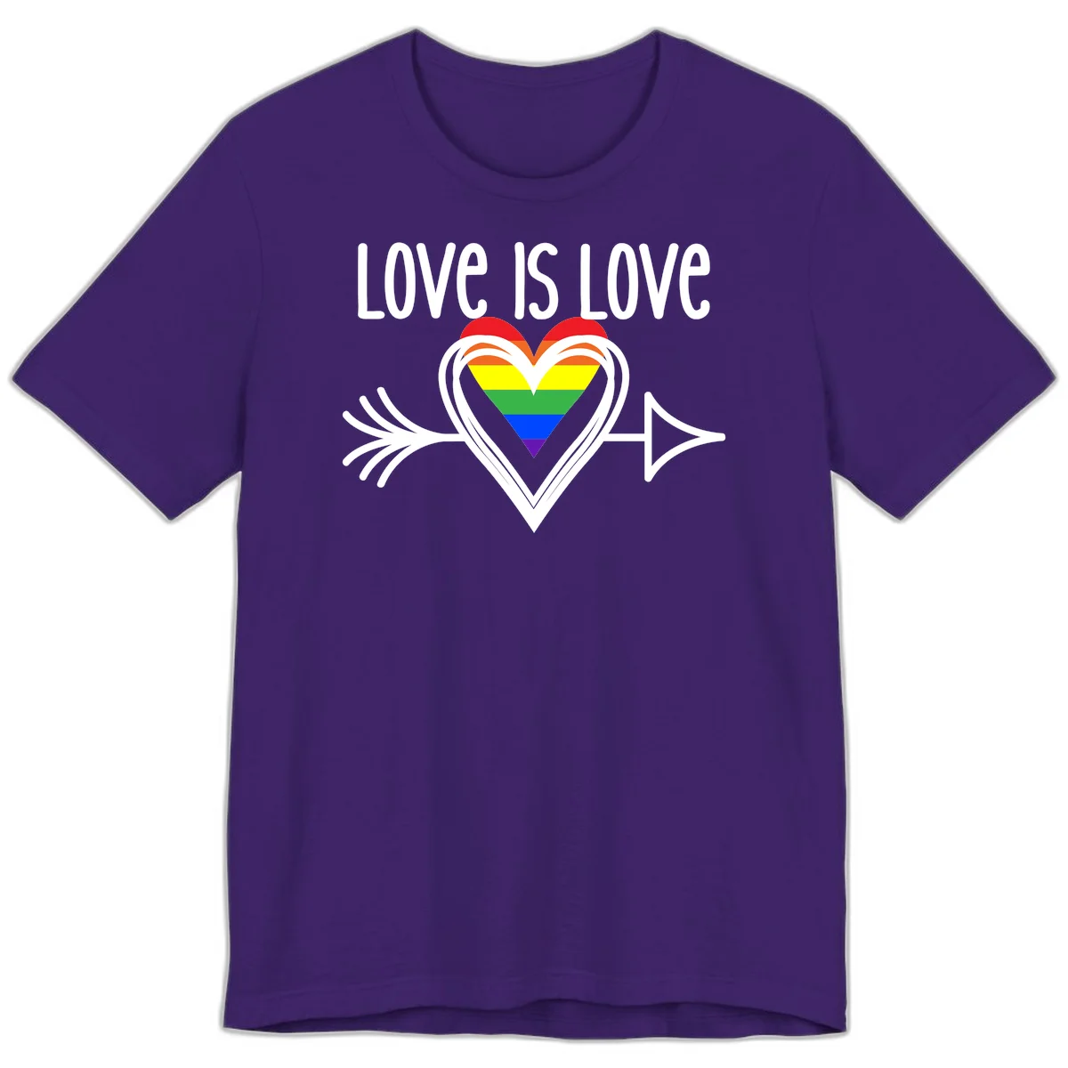 Love is love pride design featuring a white heart outline with rainbow-colored heart inside and decorative wing flourishes on gray background in Team Purple