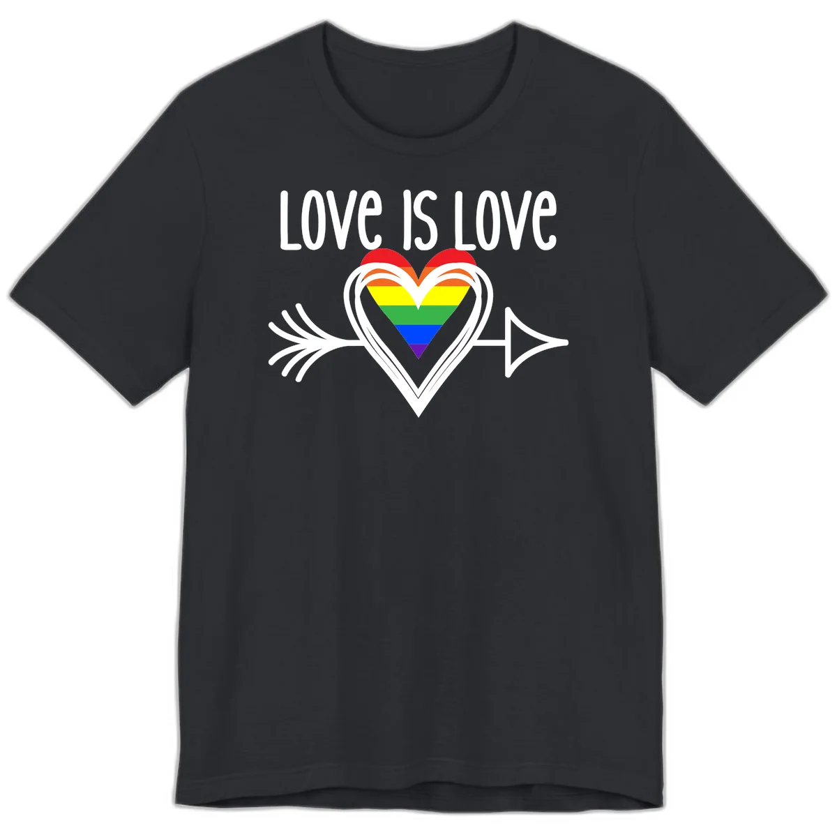 Love is love pride design featuring a white heart outline with rainbow-colored heart inside and decorative wing flourishes on gray background in Vintage Black