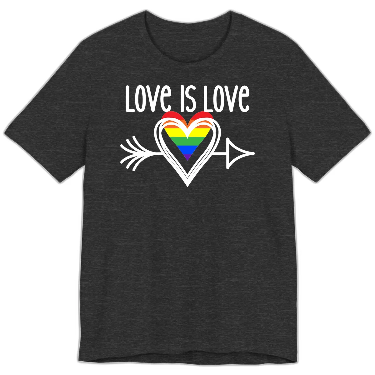 Love is love pride design featuring a white heart outline with rainbow-colored heart inside and decorative wing flourishes on gray background in Dark Grey Heather