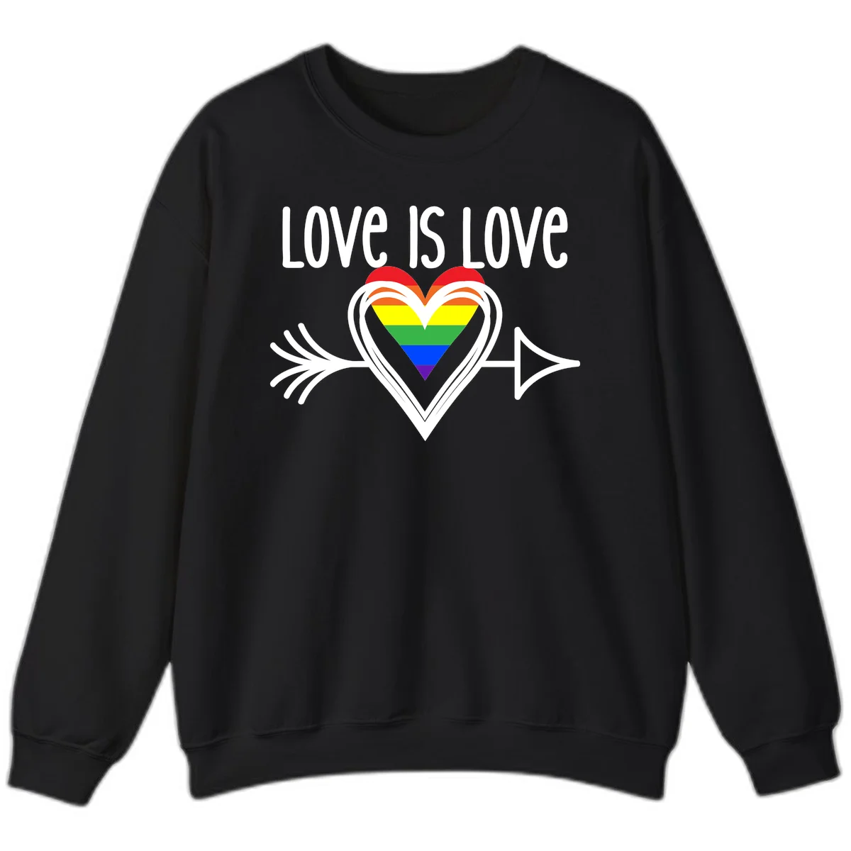 Love is love pride design featuring a white heart outline with rainbow-colored heart inside and decorative wing flourishes on gray background in Black