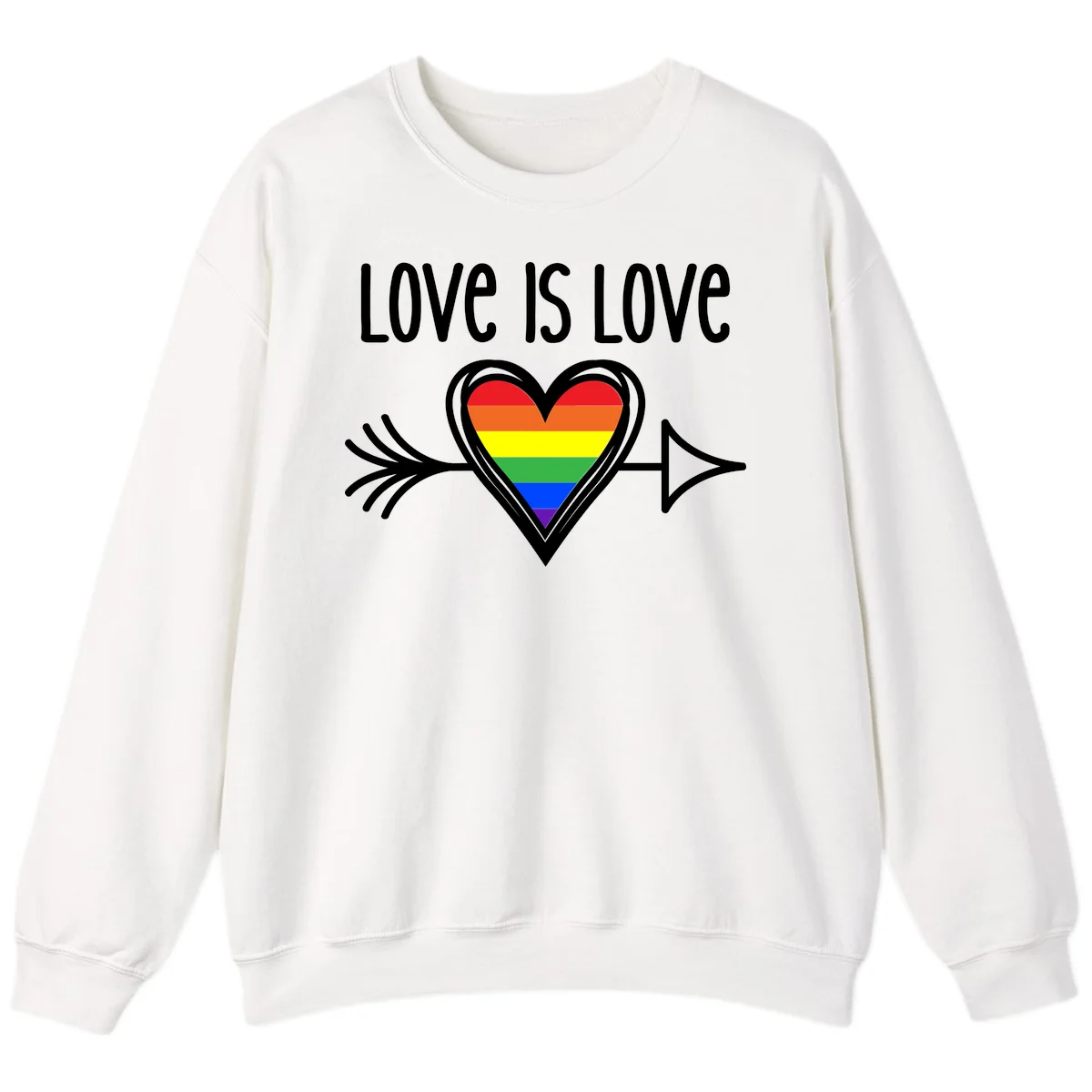 Love is love pride design featuring a white heart outline with rainbow-colored heart inside and decorative wing flourishes on gray background in White