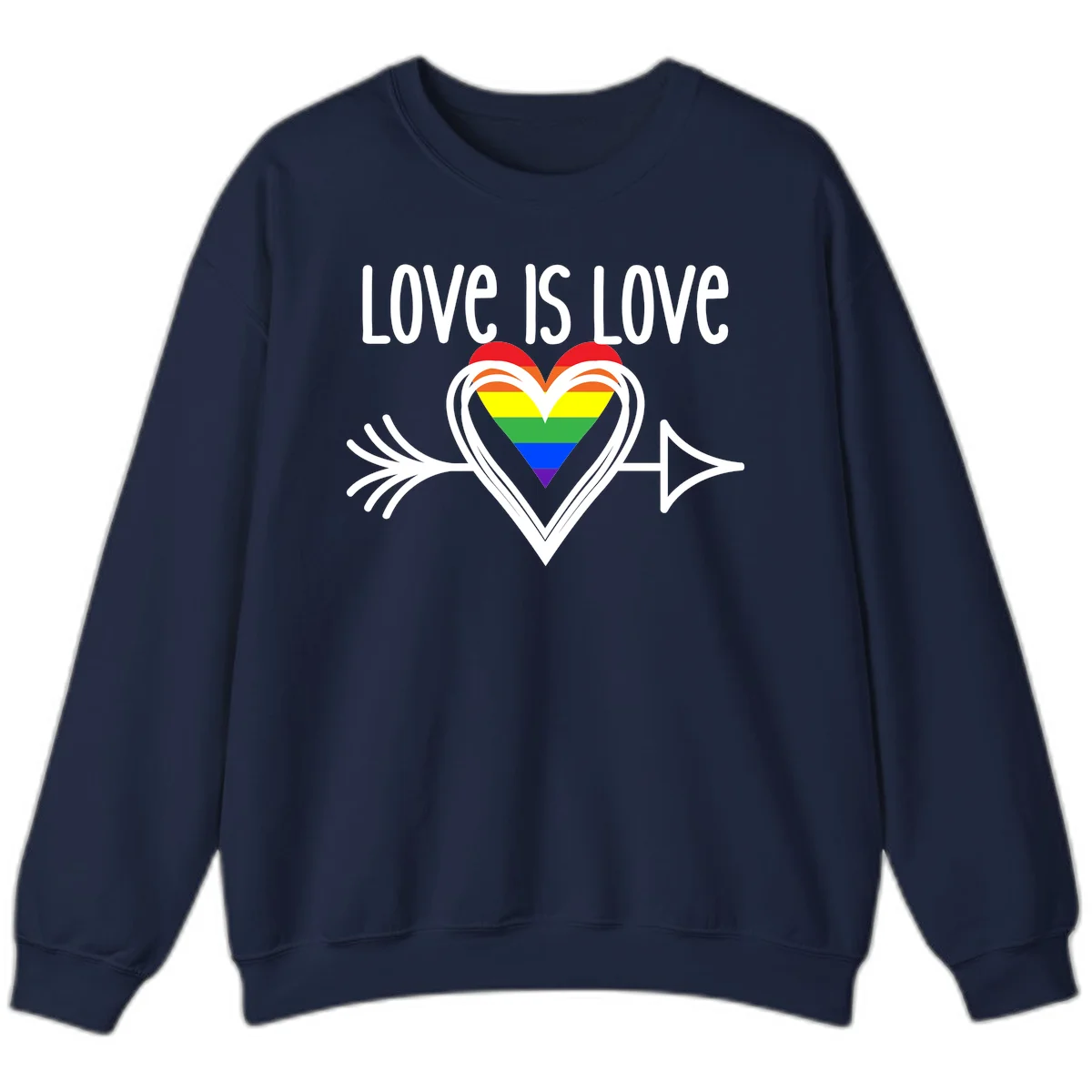 Love is love pride design featuring a white heart outline with rainbow-colored heart inside and decorative wing flourishes on gray background in Navy