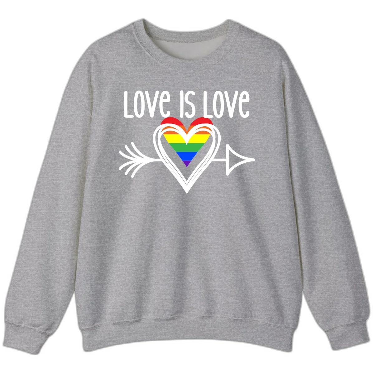 Love is love pride design featuring a white heart outline with rainbow-colored heart inside and decorative wing flourishes on gray background in Sport Grey