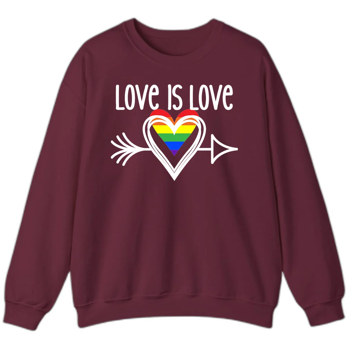 Love is love pride design featuring a white heart outline with rainbow-colored heart inside and decorative wing flourishes on gray background in Maroon