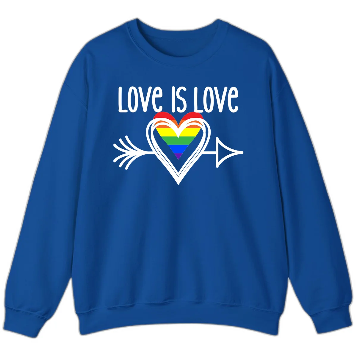 Love is love pride design featuring a white heart outline with rainbow-colored heart inside and decorative wing flourishes on gray background in Royal