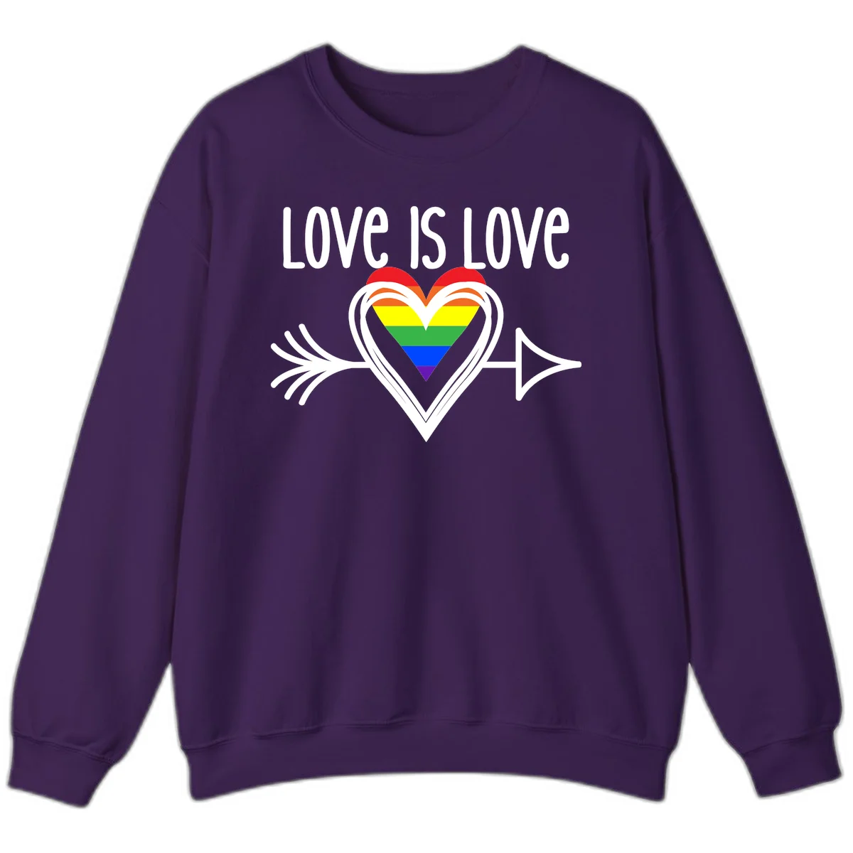 Love is love pride design featuring a white heart outline with rainbow-colored heart inside and decorative wing flourishes on gray background in Purple
