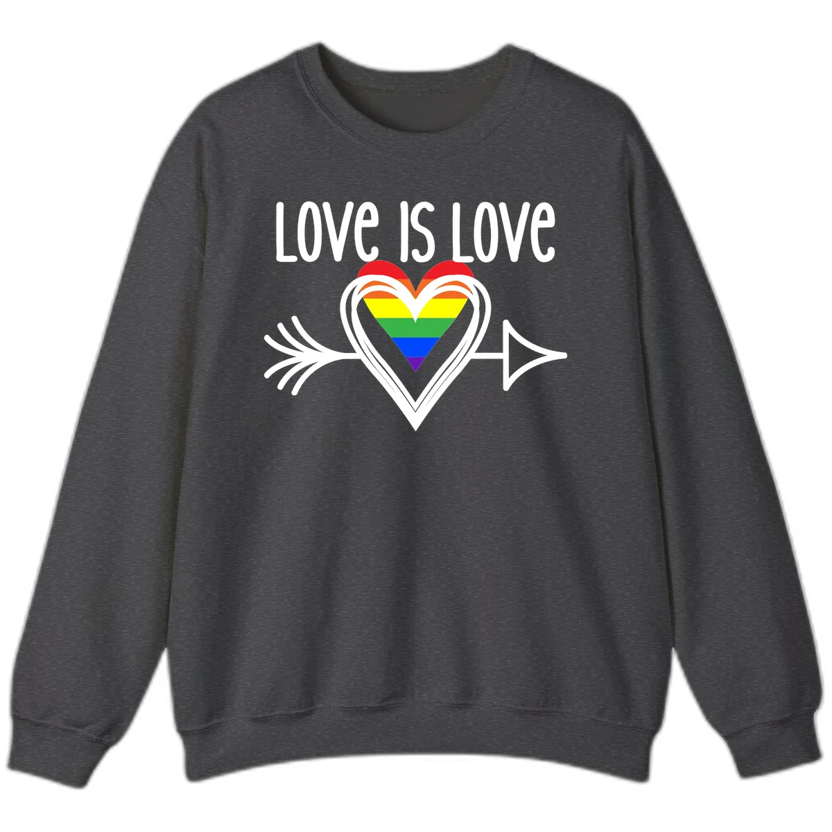 Love is love pride design featuring a white heart outline with rainbow-colored heart inside and decorative wing flourishes on gray background in Dark Heather