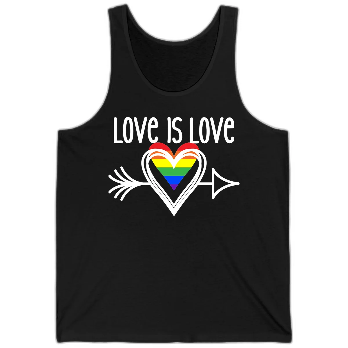 Love is love pride design featuring a white heart outline with rainbow-colored heart inside and decorative wing flourishes on gray background in Black