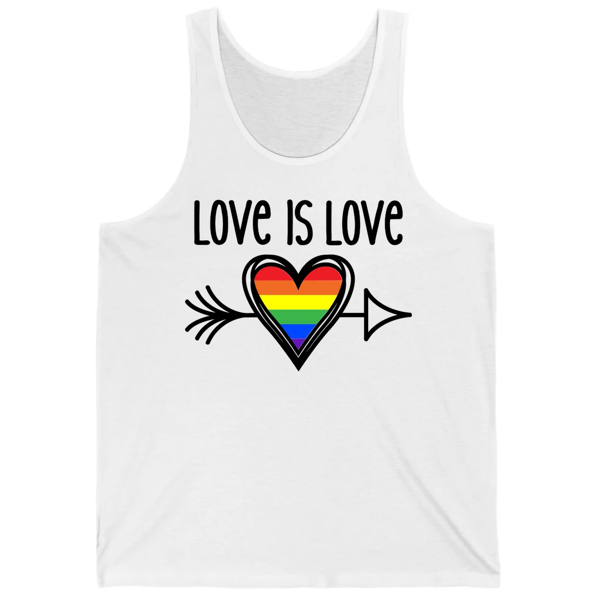 Love is love pride design featuring a white heart outline with rainbow-colored heart inside and decorative wing flourishes on gray background in White