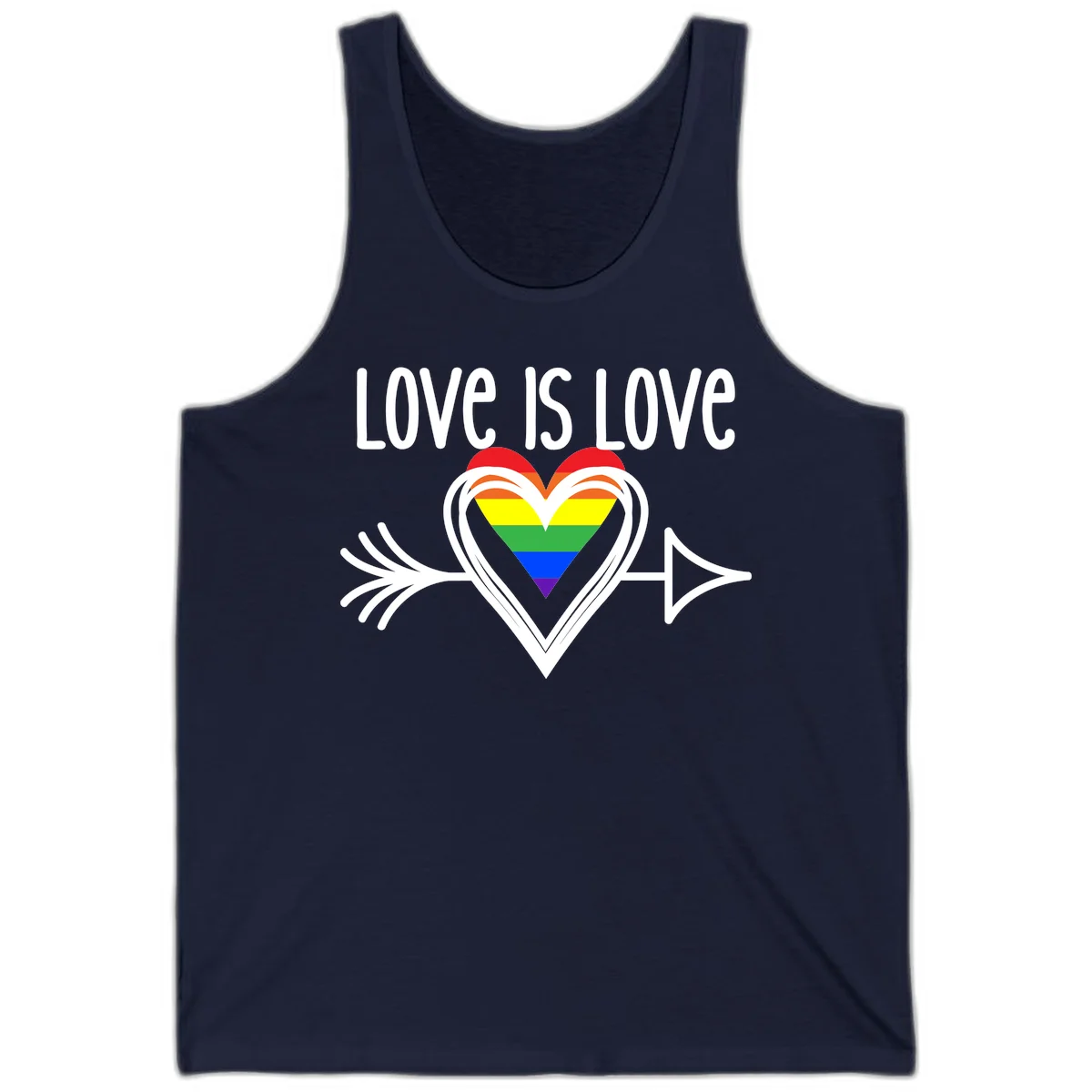 Love is love pride design featuring a white heart outline with rainbow-colored heart inside and decorative wing flourishes on gray background in Navy