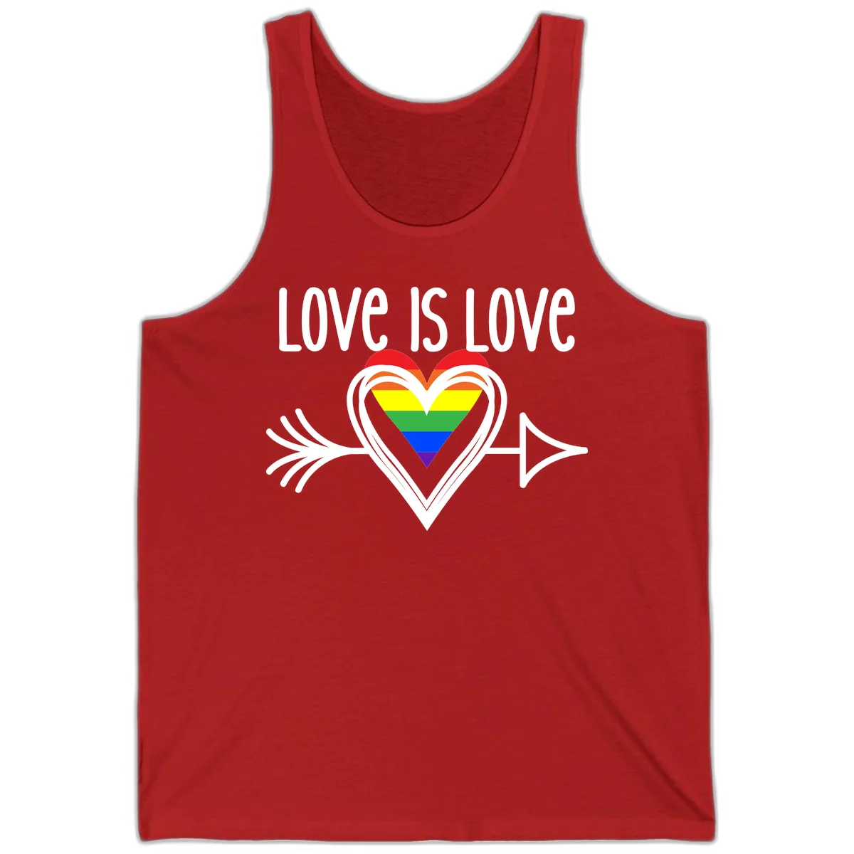 Love is love pride design featuring a white heart outline with rainbow-colored heart inside and decorative wing flourishes on gray background in Red