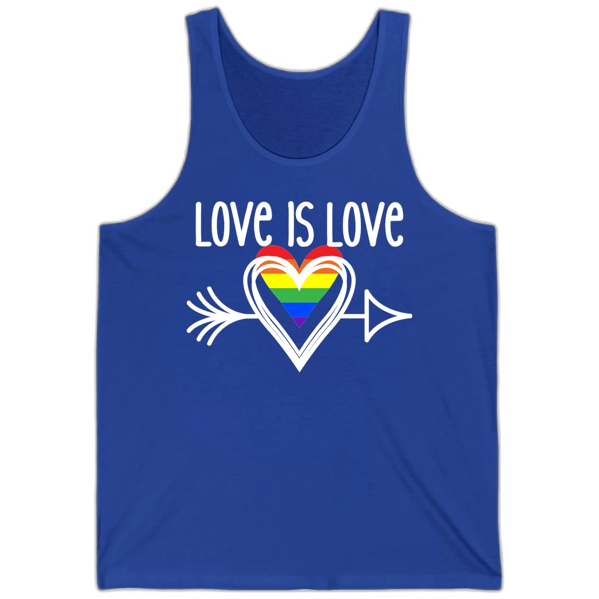 Love is love pride design featuring a white heart outline with rainbow-colored heart inside and decorative wing flourishes on gray background in True Royal