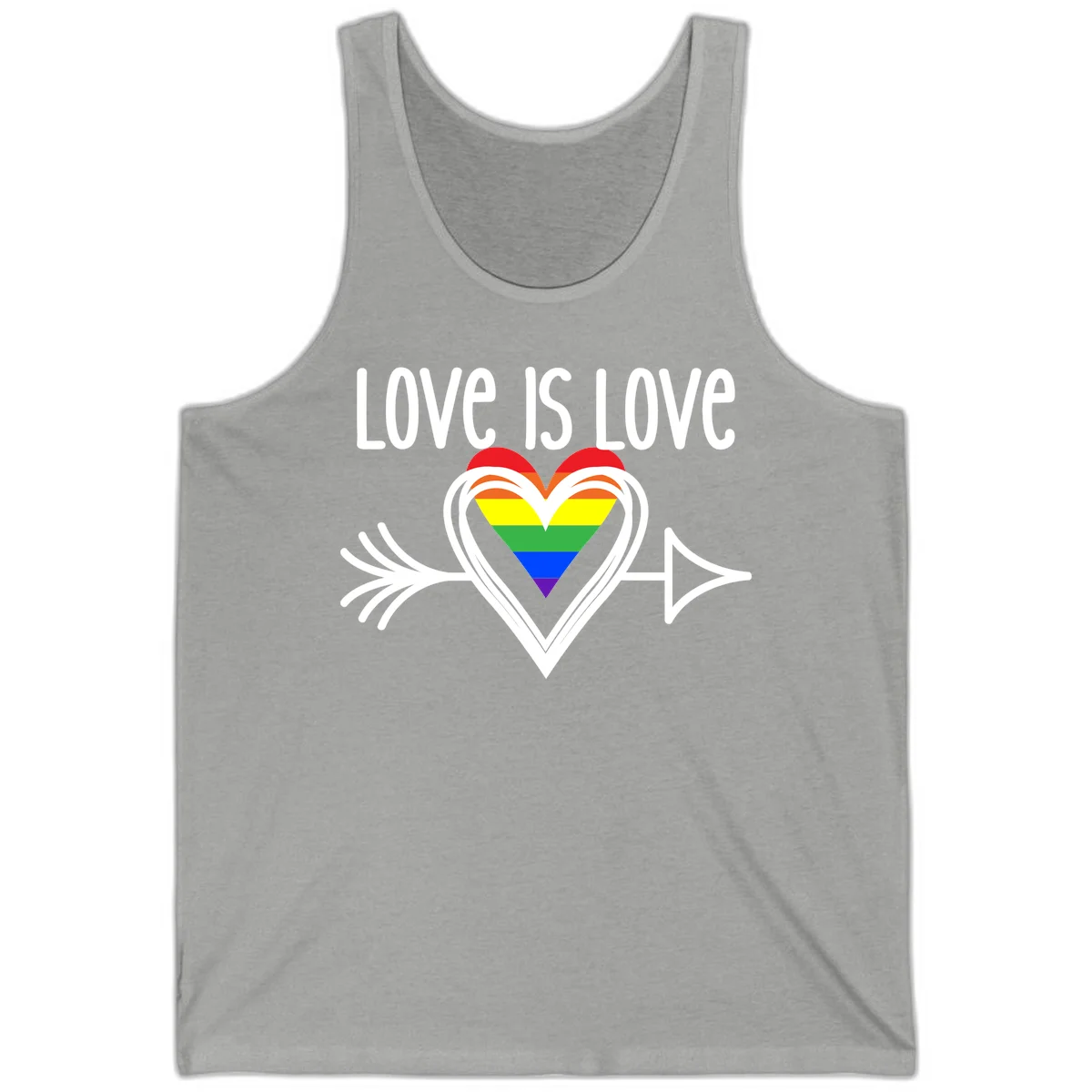 Love is love pride design featuring a white heart outline with rainbow-colored heart inside and decorative wing flourishes on gray background in Athletic Heather