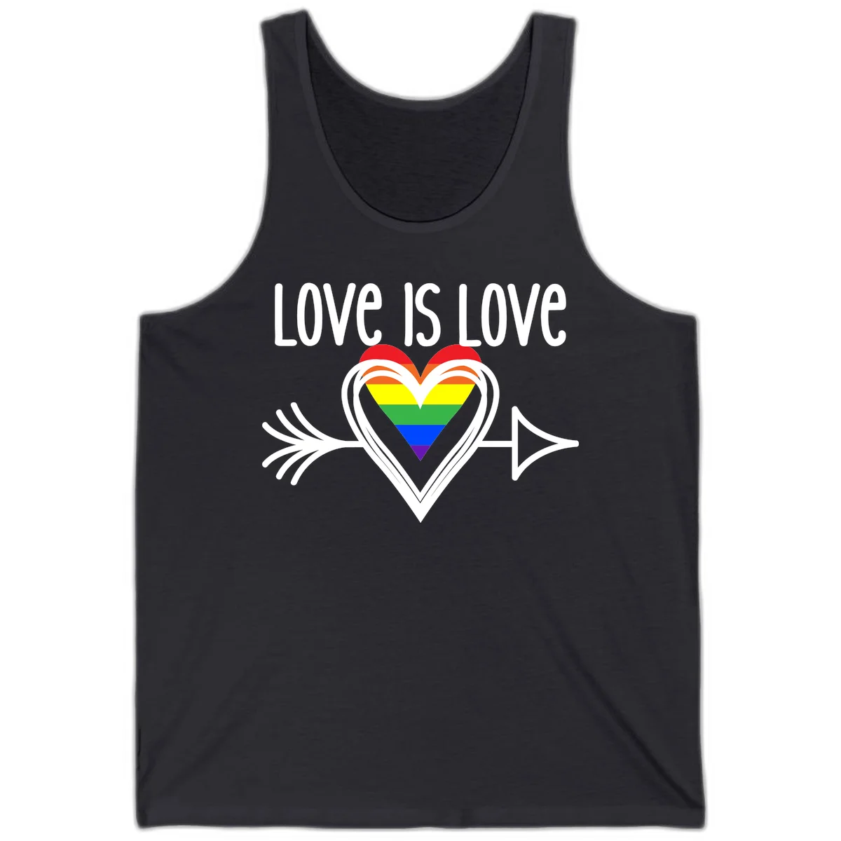 Love is love pride design featuring a white heart outline with rainbow-colored heart inside and decorative wing flourishes on gray background in Dark Grey