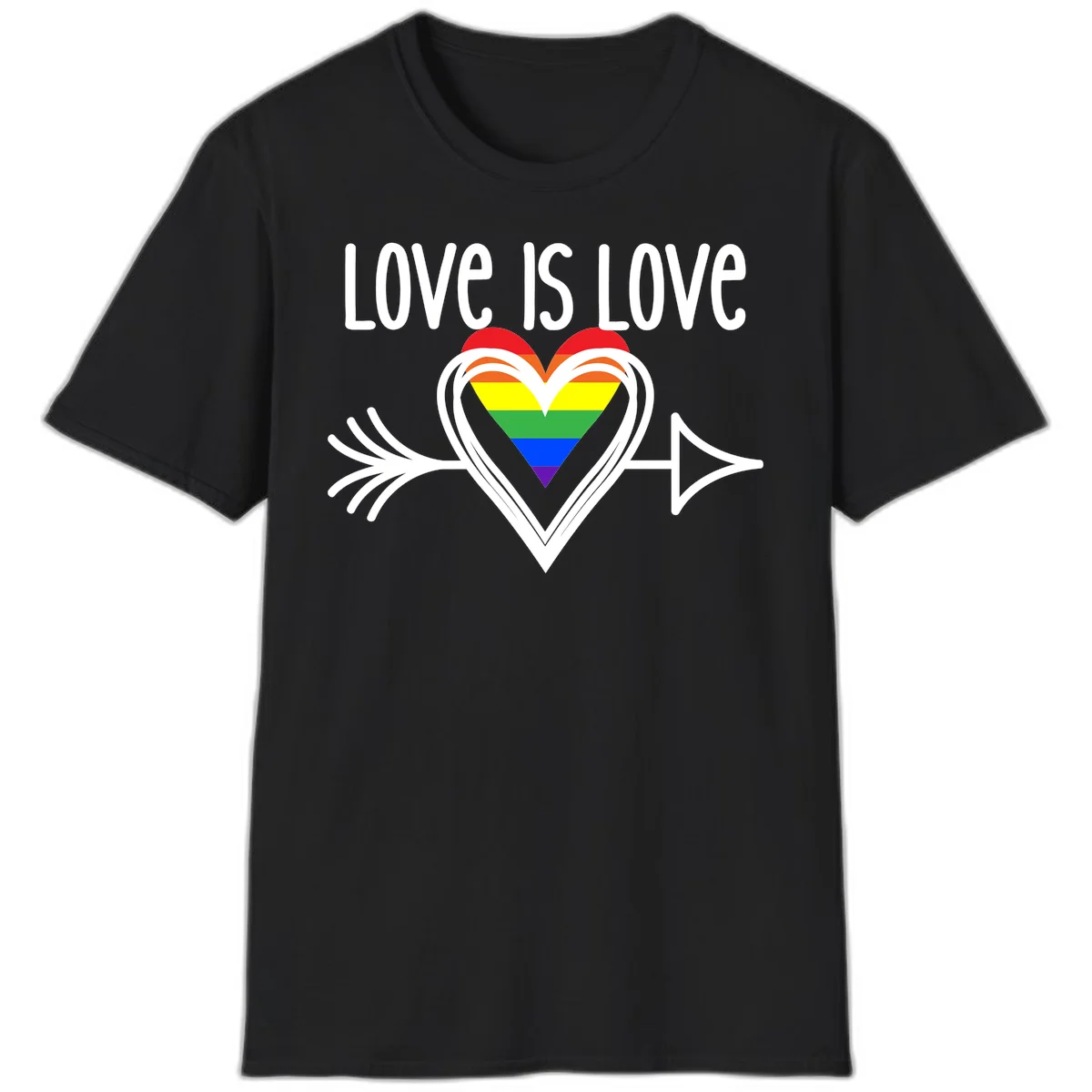 Love is love pride design featuring a white heart outline with rainbow-colored heart inside and decorative wing flourishes on gray background in Black