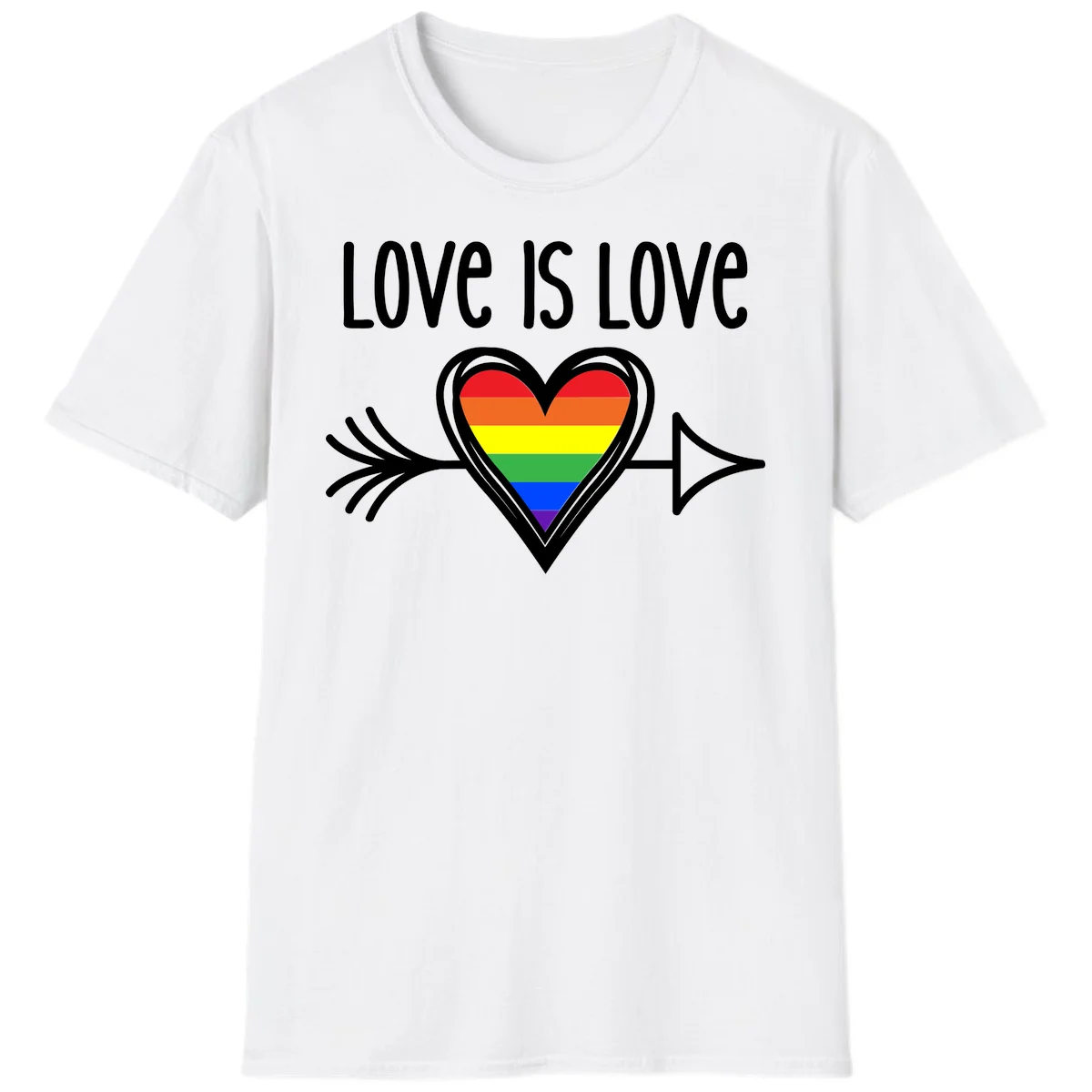 Love is love pride design featuring a white heart outline with rainbow-colored heart inside and decorative wing flourishes on gray background in White