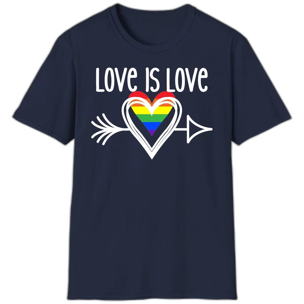 Love is love pride design featuring a white heart outline with rainbow-colored heart inside and decorative wing flourishes on gray background in Navy
