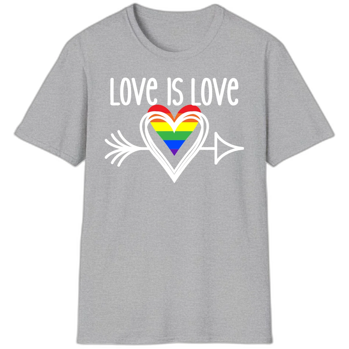 Love is love pride design featuring a white heart outline with rainbow-colored heart inside and decorative wing flourishes on gray background in Sport Grey