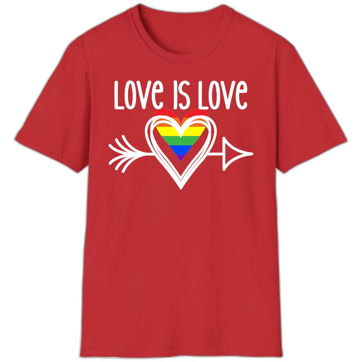 Love is love pride design featuring a white heart outline with rainbow-colored heart inside and decorative wing flourishes on gray background in Red