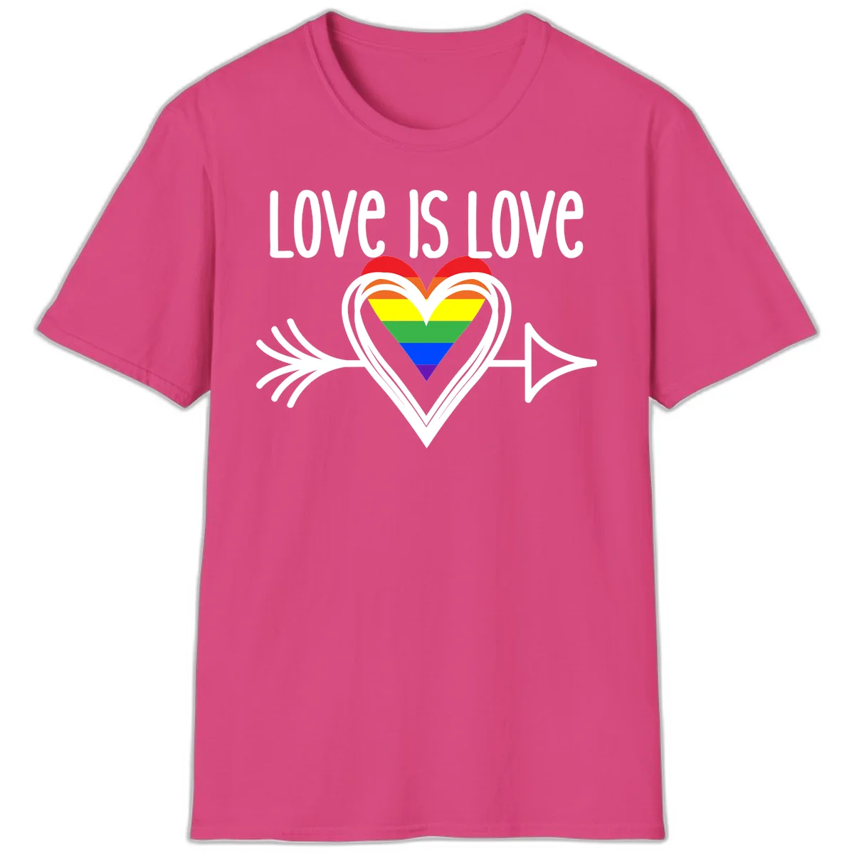 Love is love pride design featuring a white heart outline with rainbow-colored heart inside and decorative wing flourishes on gray background in Heliconia