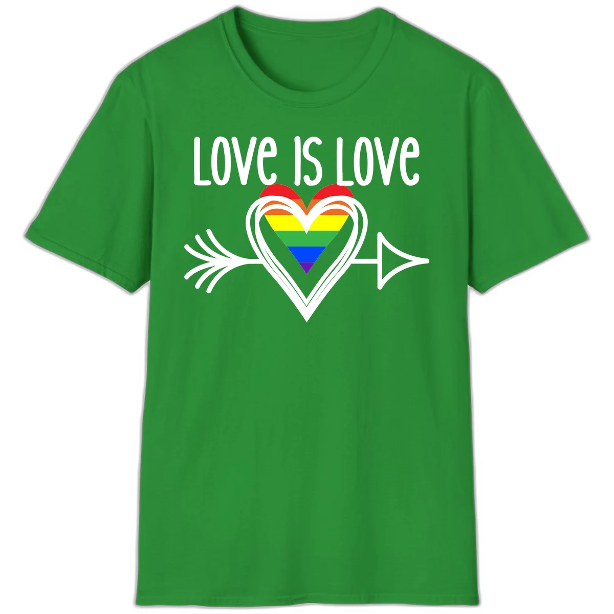 Love is love pride design featuring a white heart outline with rainbow-colored heart inside and decorative wing flourishes on gray background in Irish Green