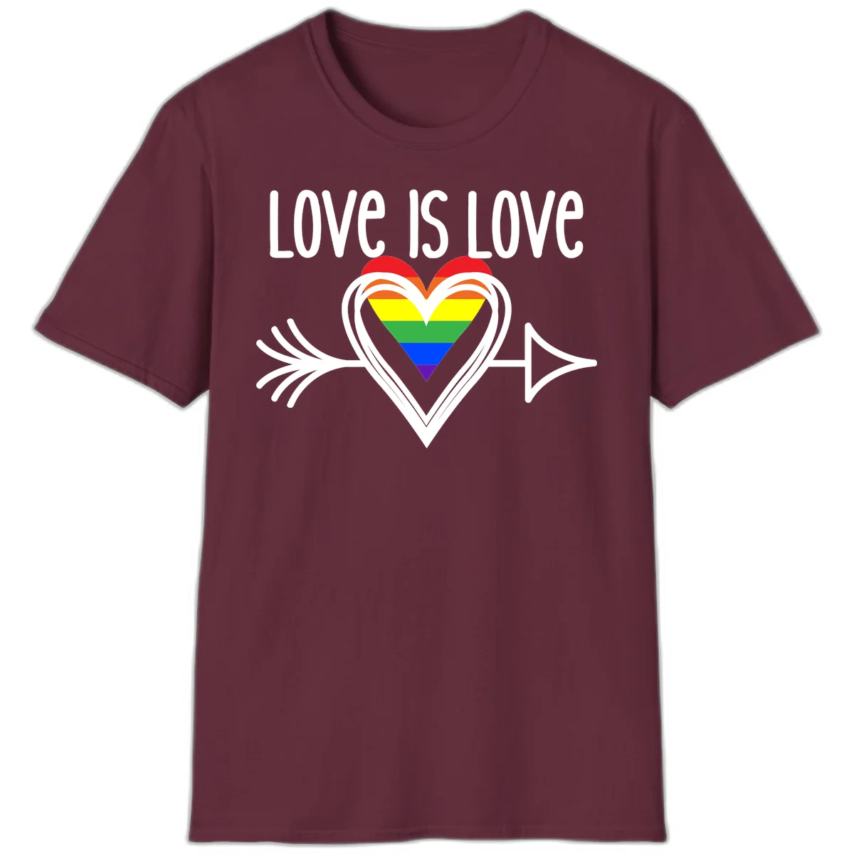 Love is love pride design featuring a white heart outline with rainbow-colored heart inside and decorative wing flourishes on gray background in Maroon