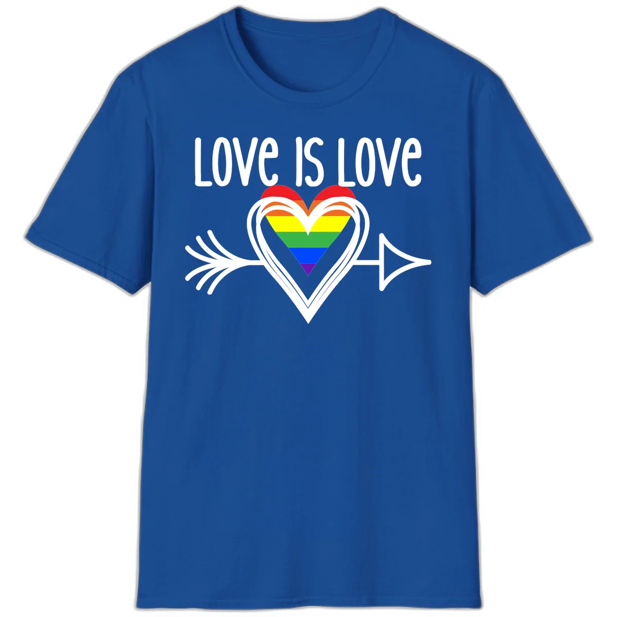 Love is love pride design featuring a white heart outline with rainbow-colored heart inside and decorative wing flourishes on gray background in Royal