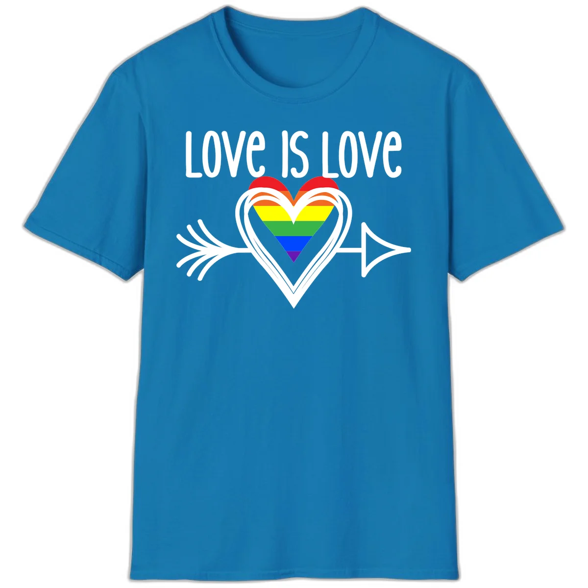 Love is love pride design featuring a white heart outline with rainbow-colored heart inside and decorative wing flourishes on gray background in Sapphire