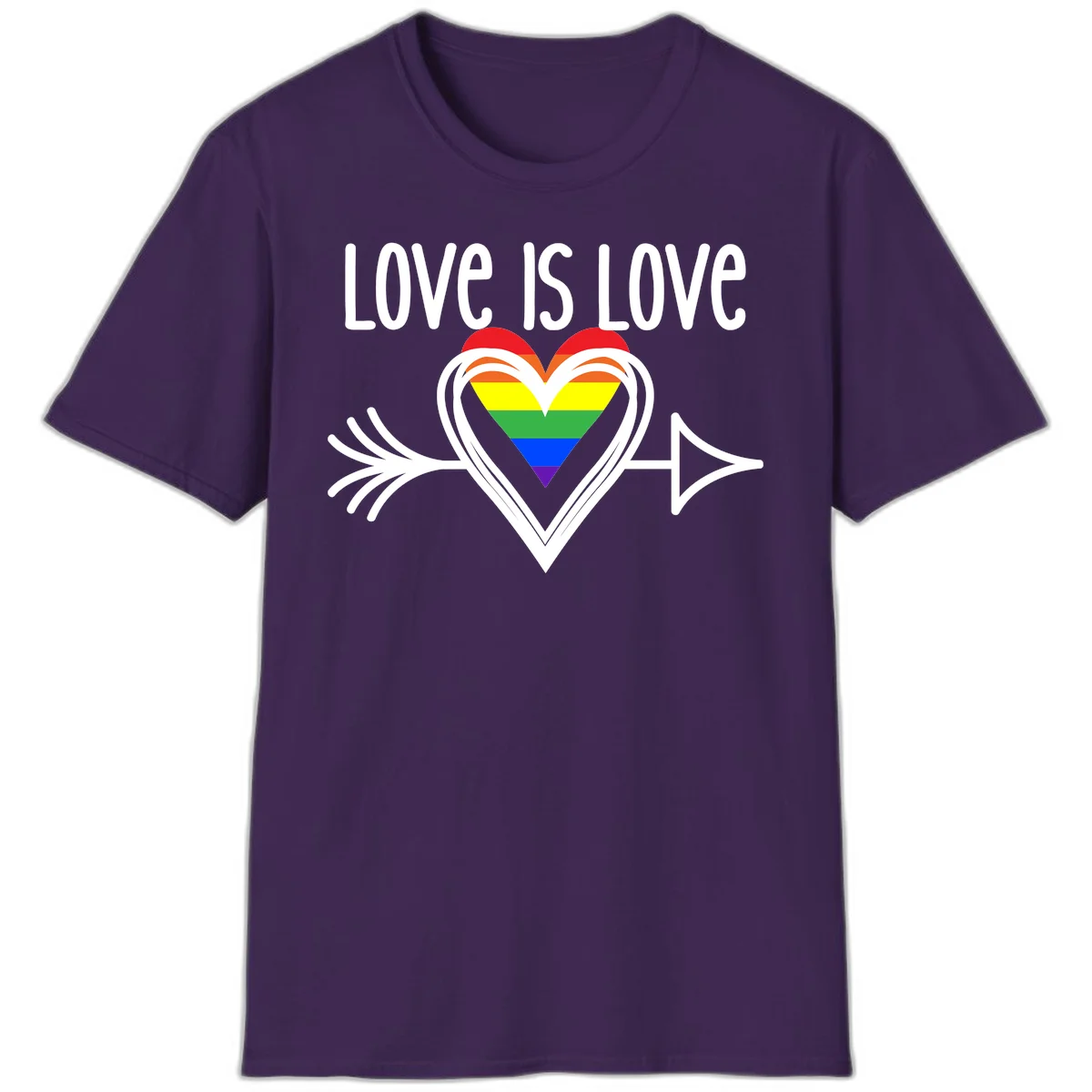 Love is love pride design featuring a white heart outline with rainbow-colored heart inside and decorative wing flourishes on gray background in Purple